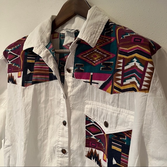 Vintage Tapestry Button Front Lightweight Blouse Aztec Southwestern Print Rodeo - Picture 2 of 7